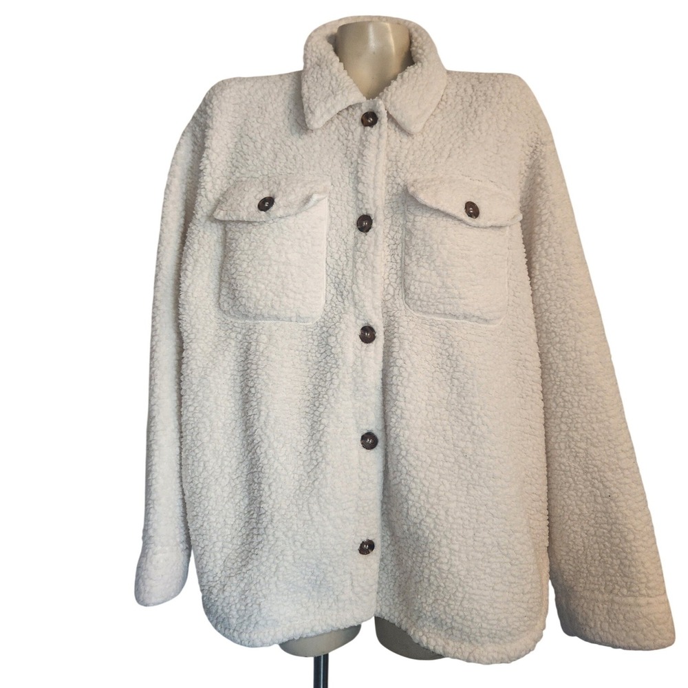 Free Country Cream Sherpa Fleece Shacket Button Front‎ Teddy Jacket Womens XL